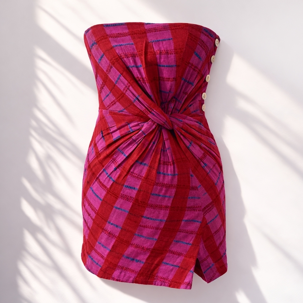 Free People "Suits Me Fine" Mini Strapless Dress Pink Plaid Sz S Boho Y2K FP